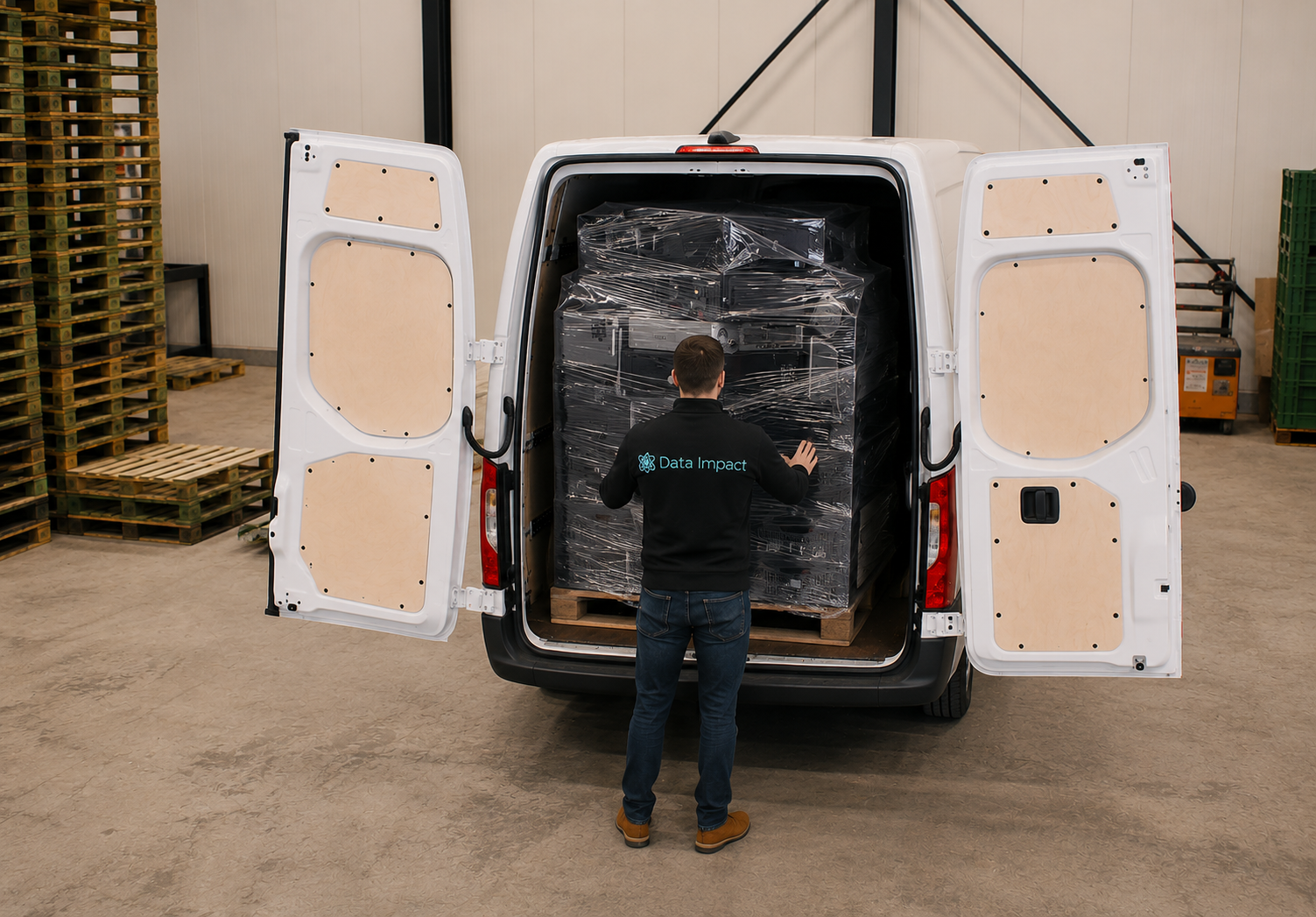 Data Impact medewerker laadt een pallet IT-apparatuur in de bus
